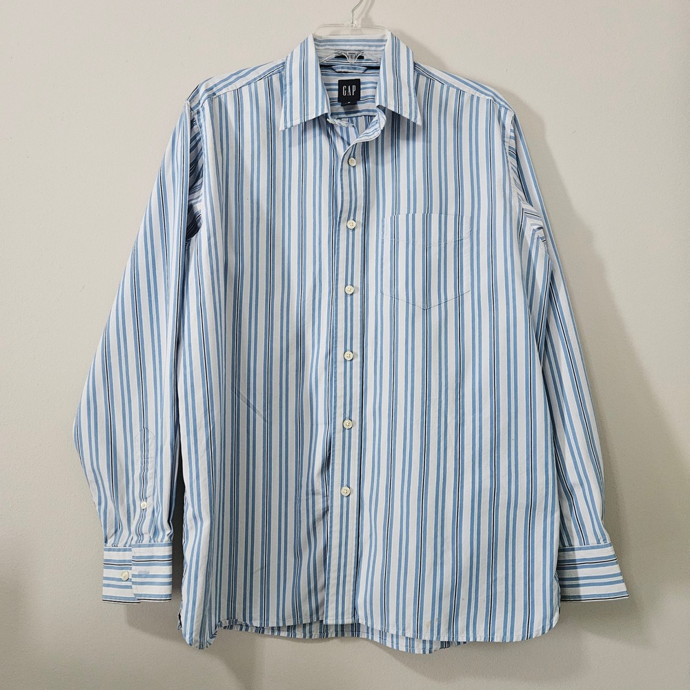 Gap‎ Mens Blue White Striped Button Down Shirt Long Sleeve Cotton Medium 15-15.5
